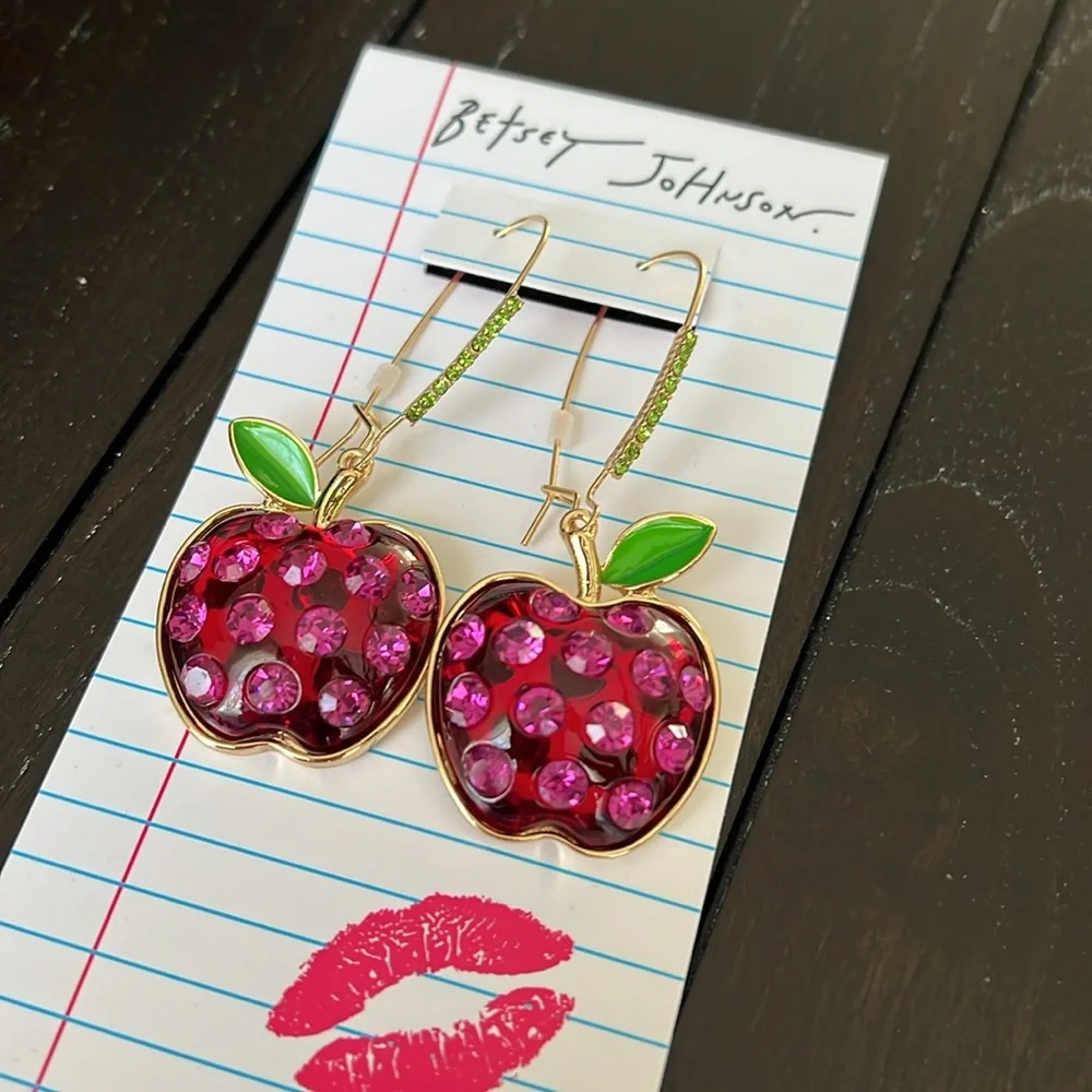 Betsey Johnson Pink Crystal Apple Earrings - Picture 3 of 4